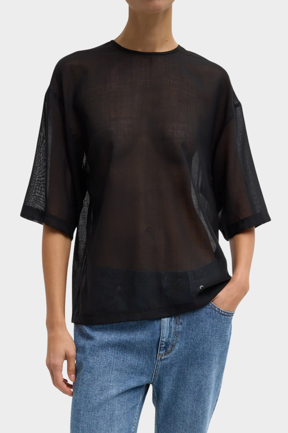 Tibi Sheer Wool Gauze Easy T in Black | Shop Tula