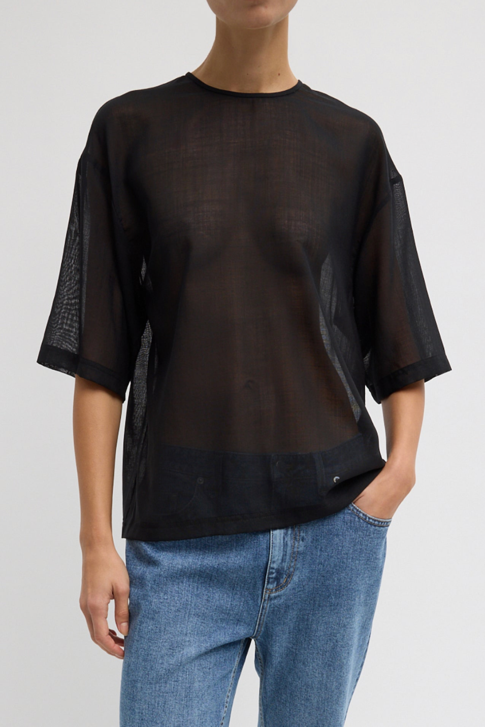 Tibi Sheer Wool Gauze Easy T in Black | Shop Tula