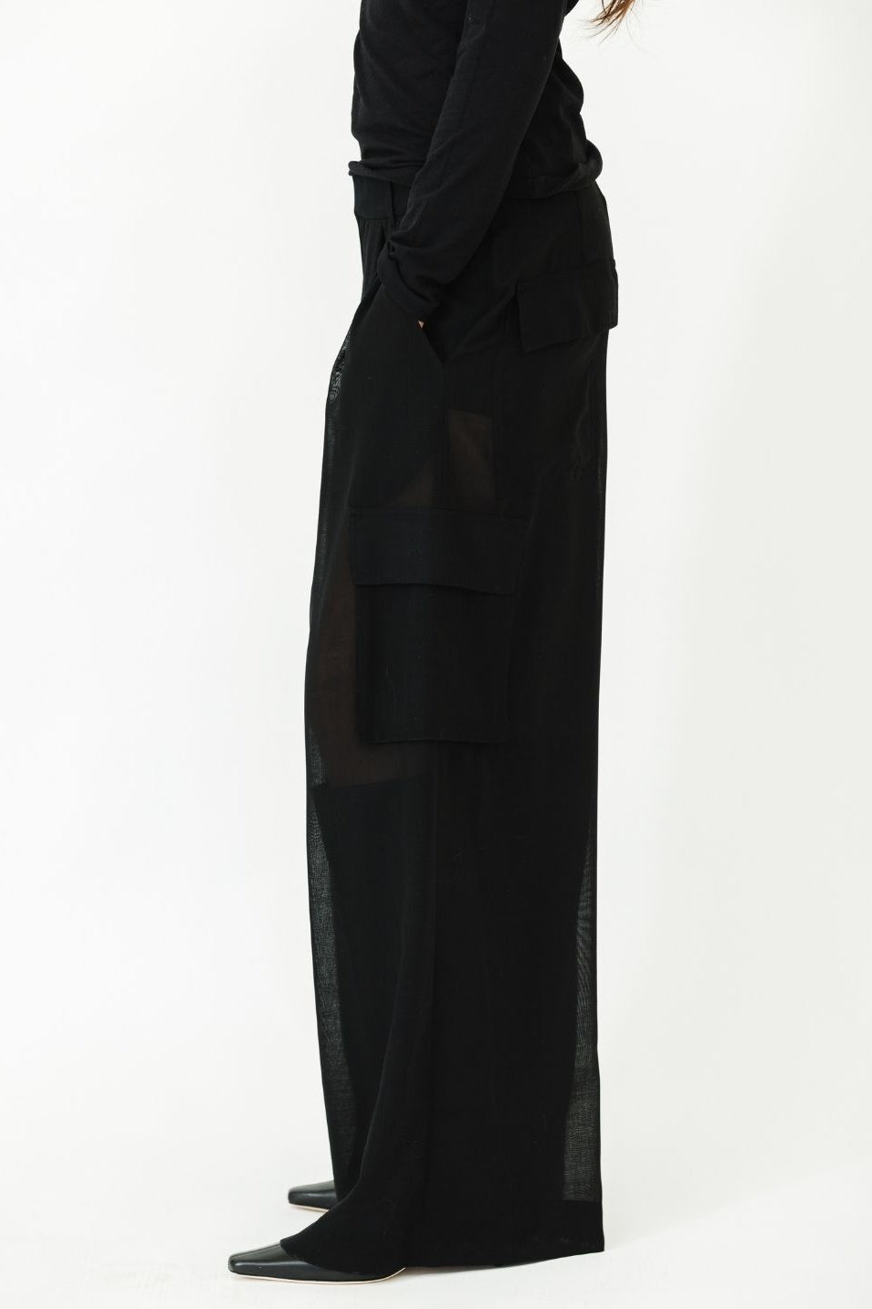 Tibi Sheer Wool Gauze Triple Pleat Pant Side | Shop Tula