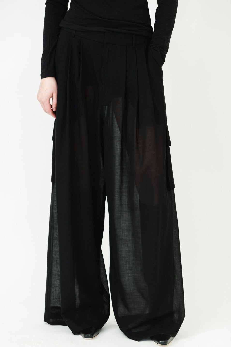 Tibi Sheer Wool Gauze Triple Pleat Pant in Black | Shop Tula