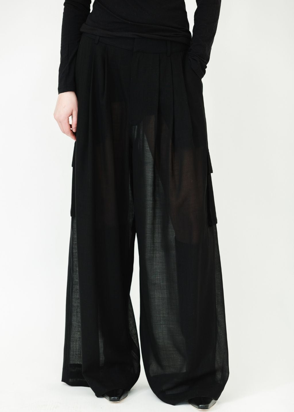 Tibi Sheer Wool Gauze Triple Pleat Pant in Black | Shop Tula