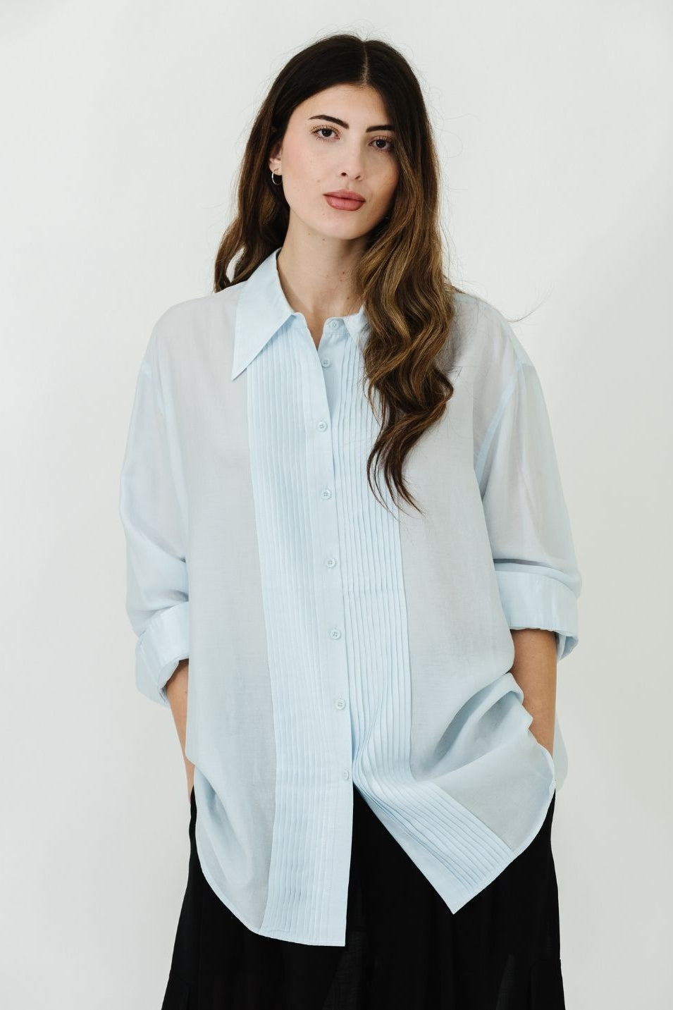 Tibi Silk Voile Easy Pintucked Shirt in Ice | Shop Tula