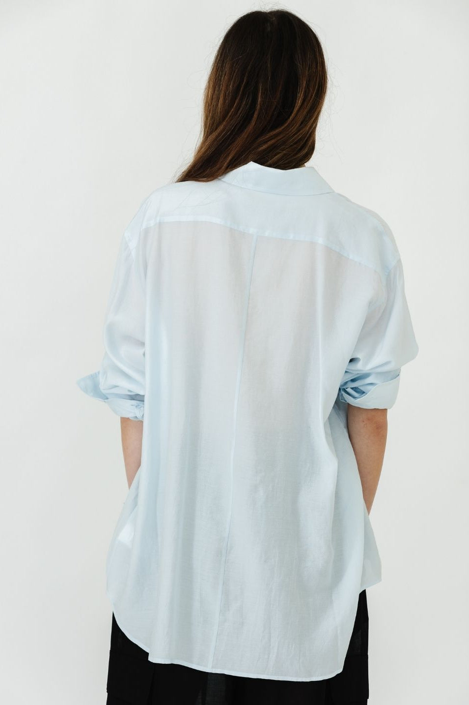 Tibi Silk Voile Easy Pintucked Shirt in Ice Blue Back | Shop Tula