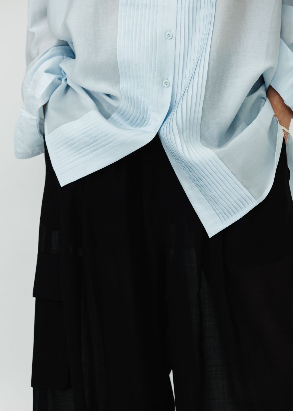 Tibi Silk Voile Easy Pintucked Shirt in Ice Blue Details | Shop Tula