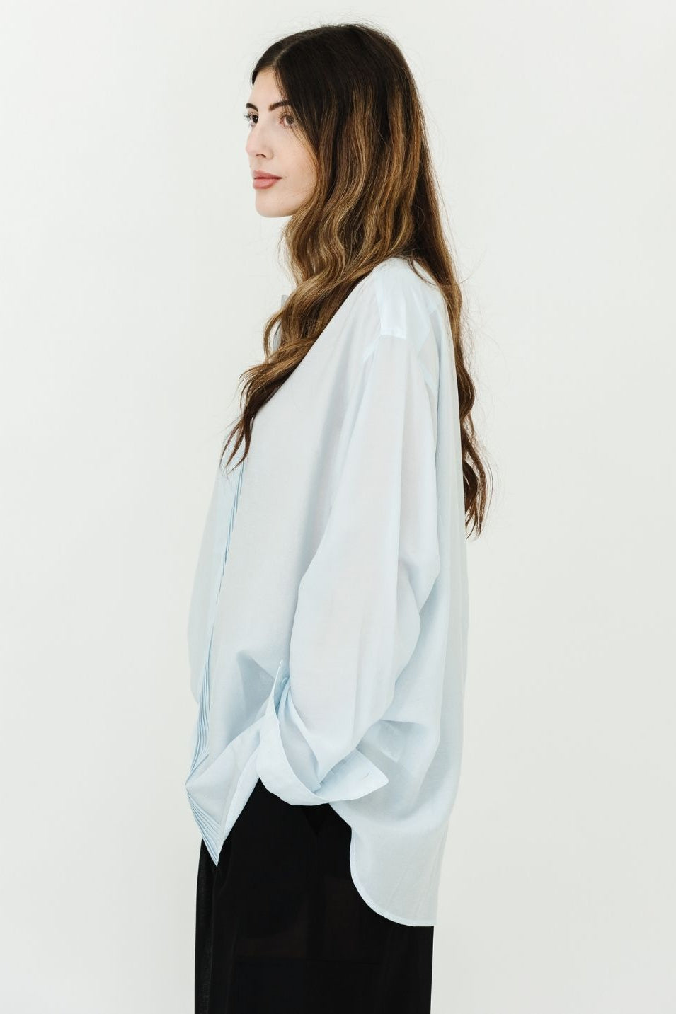 Tibi Silk Voile Easy Pintucked Shirt in Ice Blue Side | Shop Tula