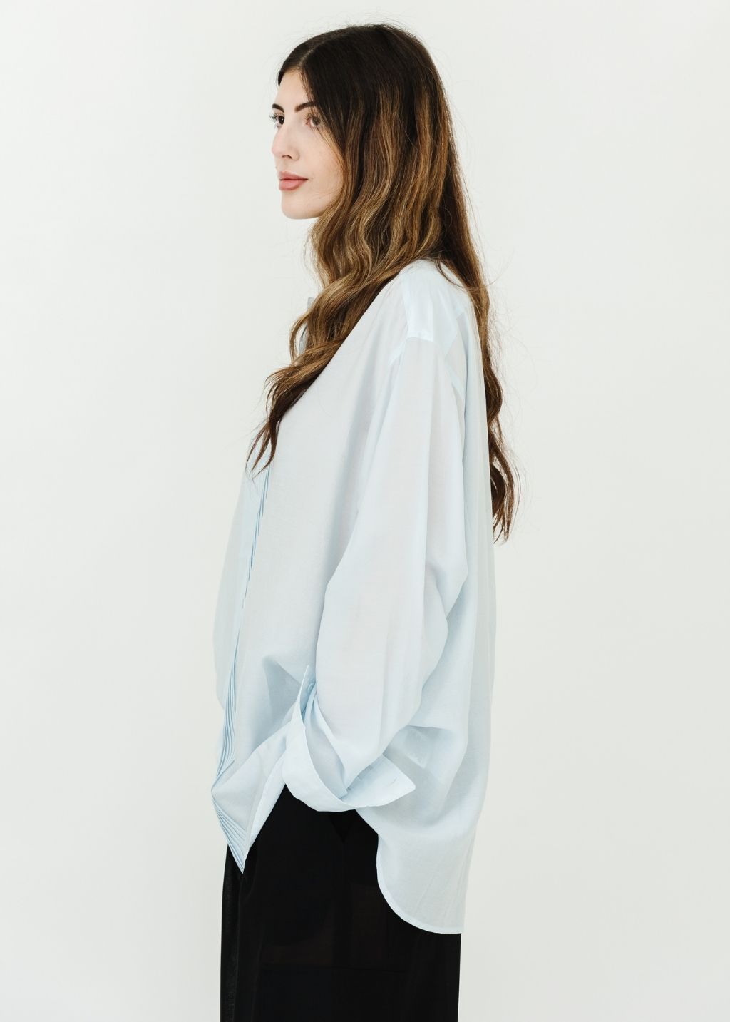 Tibi Silk Voile Easy Pintucked Shirt in Ice Blue Side | Shop Tula