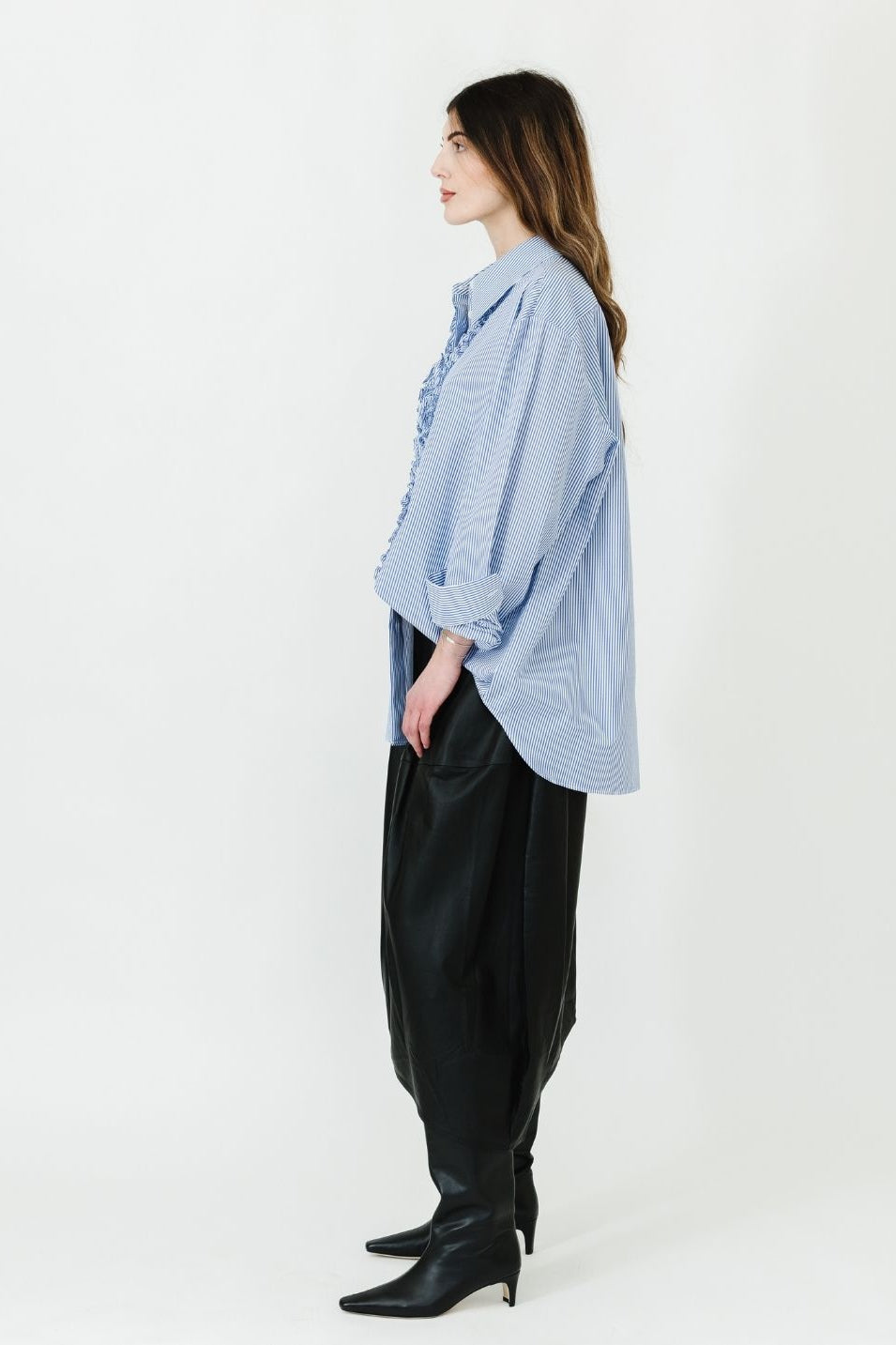 Tibi Striped Shirting Easy Tuxedo Shirt Side | Shop Tula