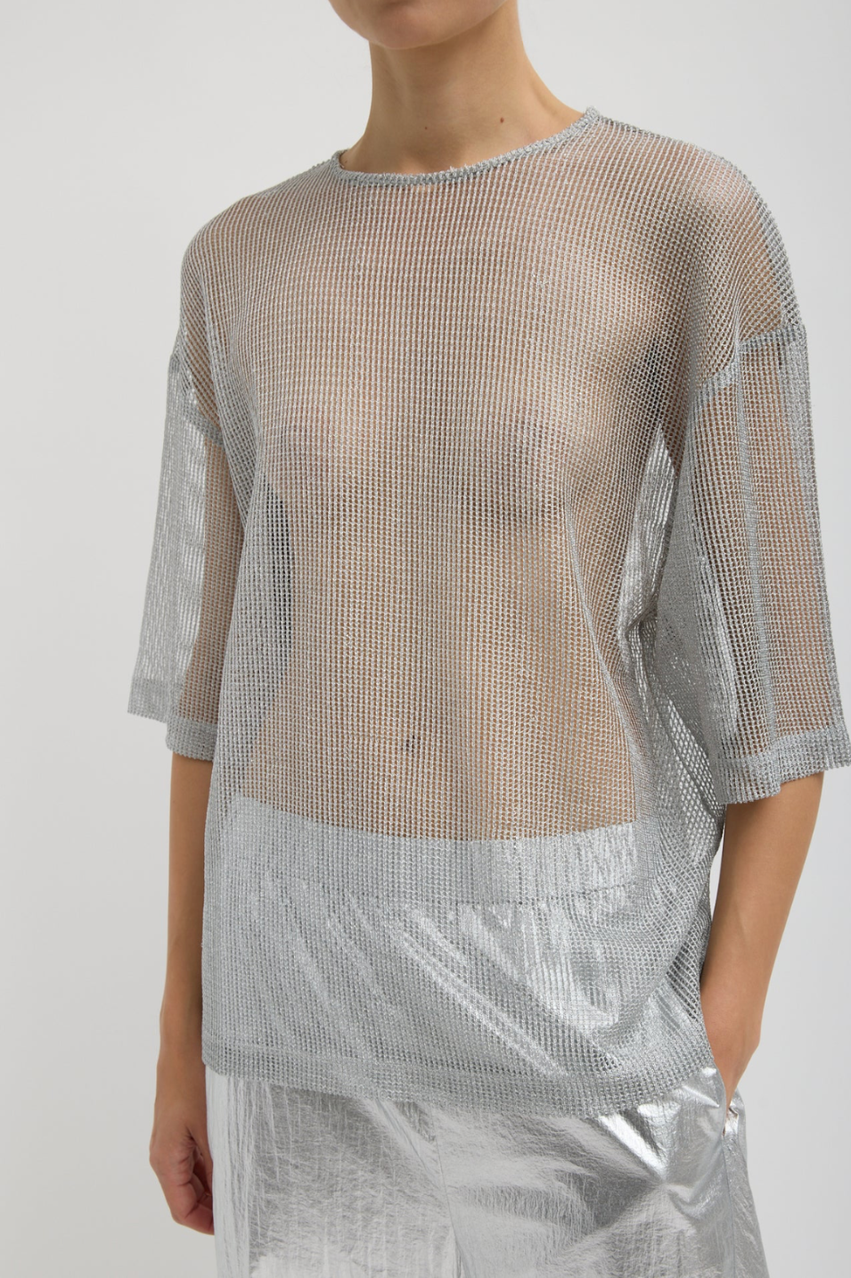 Tibi Viscose Metallic Mesh Easy T Shirt | Shop Tula