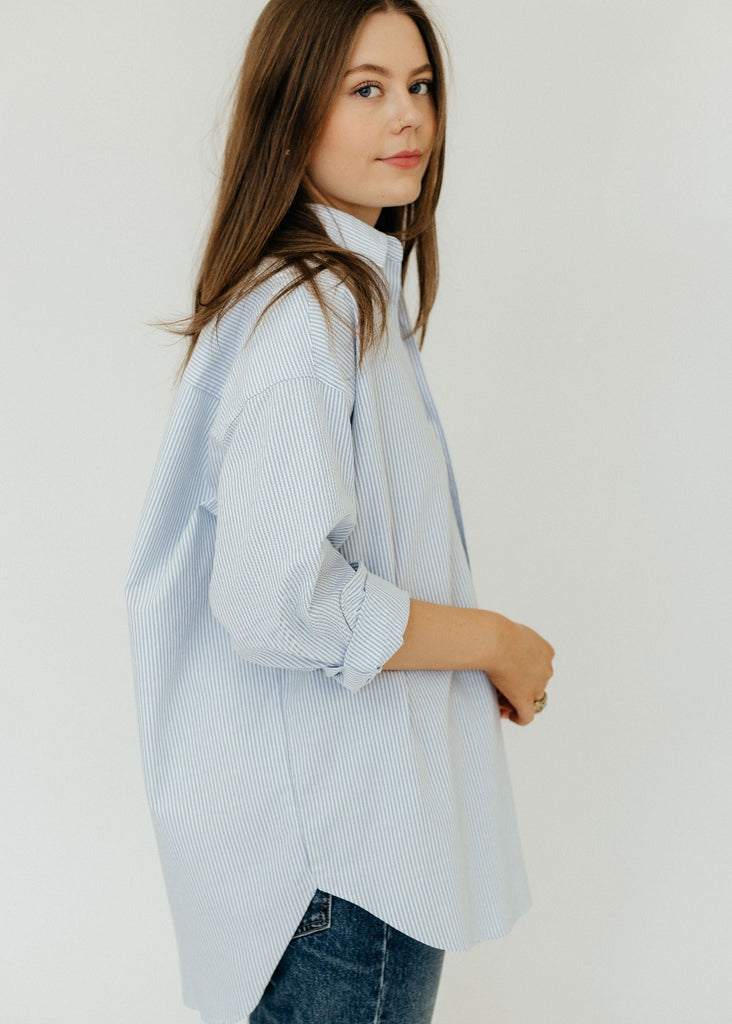 Frank & Eileen Shirley Oversized Button Up Shirt in Blue Stripe | Tula's Online Boutique