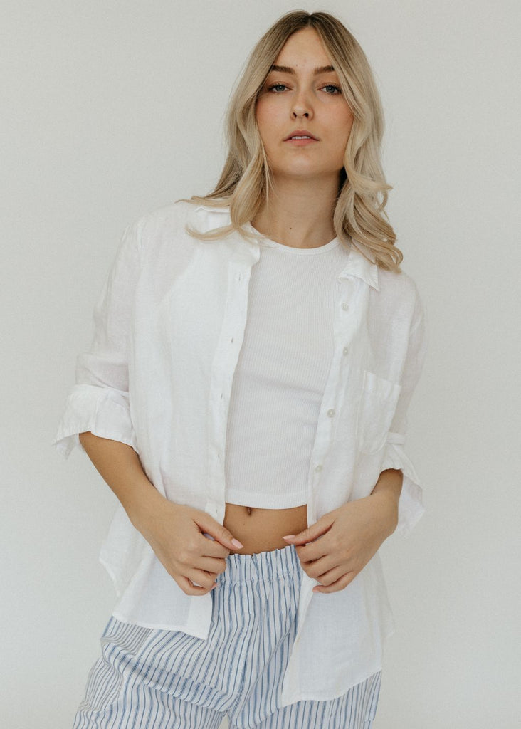 Velvet Natalia Woven Linen Button Up in White | Tula's Online Boutique