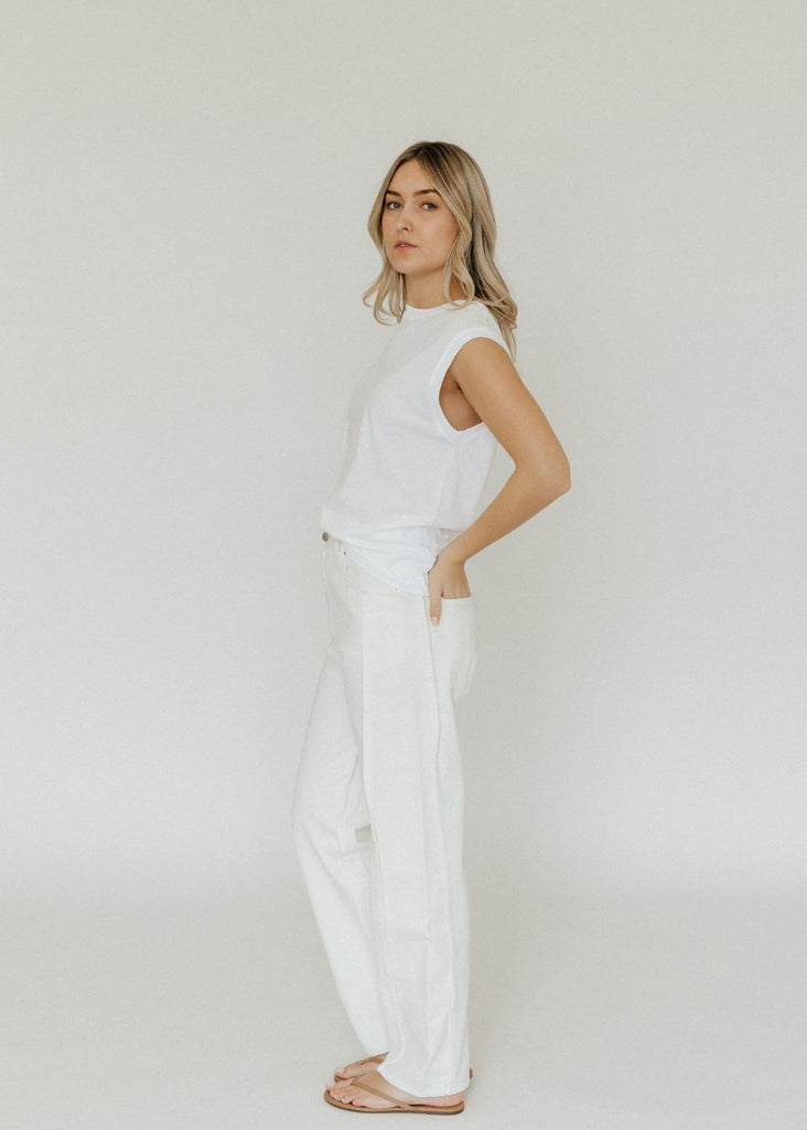 Tibi Spring Denim Tuck Jean in White  side| Tula's Online Boutique