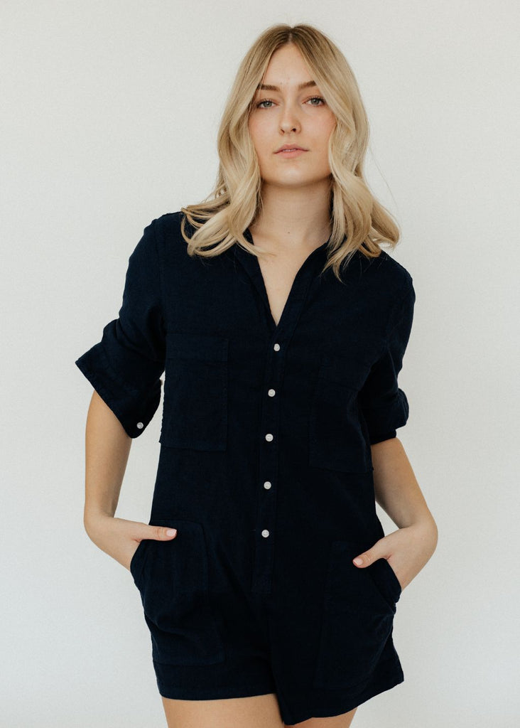 Frank & Eileen Long-Sleeve Playsuit in Navy Front | Tula's Online Boutique