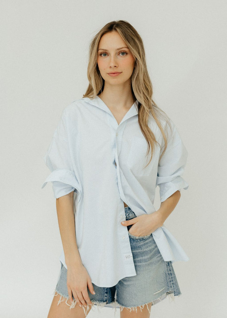 Frank & Eileen "Shirley" Button Up in Light Blue Stripe | Tula's Online Boutique