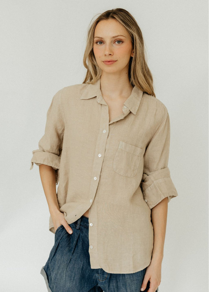 Velvet Natalia Woven Linen Button Up in Biscuit | Tula's Online Boutique