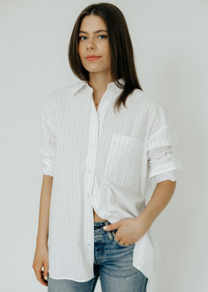 Anine Bing Chrissy Shirt in White and Taupe Stripe | Tula's Online Boutique