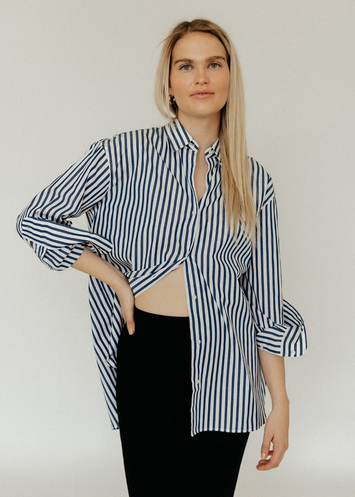 Nili Lotan Yorke Shirt in Large Navy/White Stripes | Tula's Online Boutique