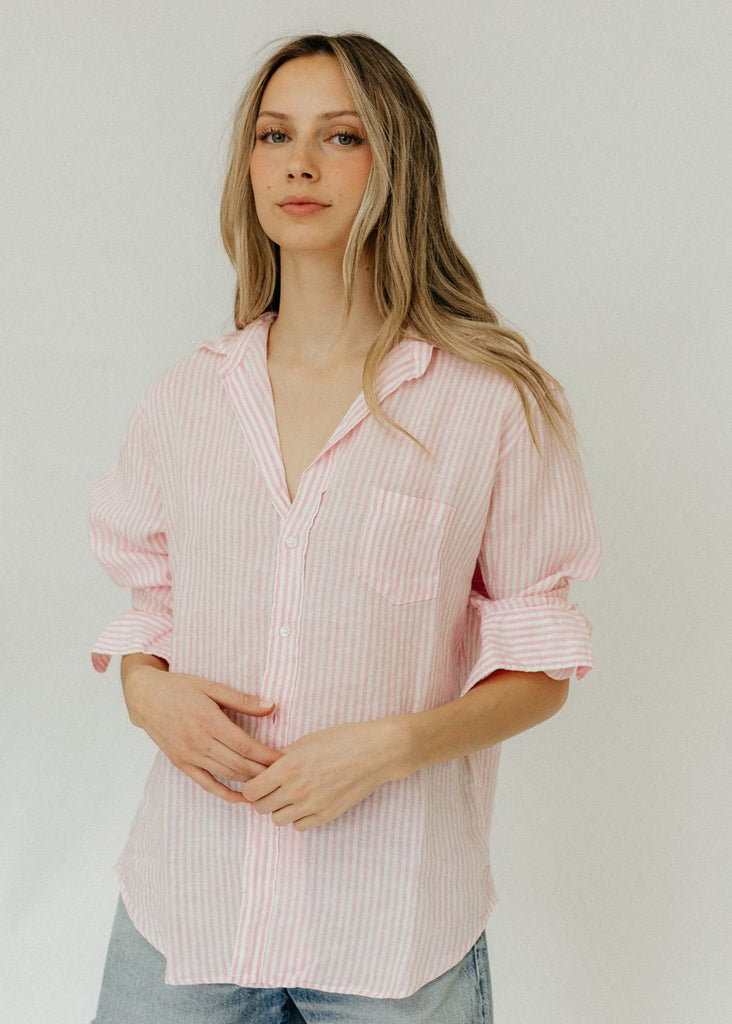 Frank & Eileen "Eileen" Button Up in Pink Stripe Linen | Tula's Online Boutique