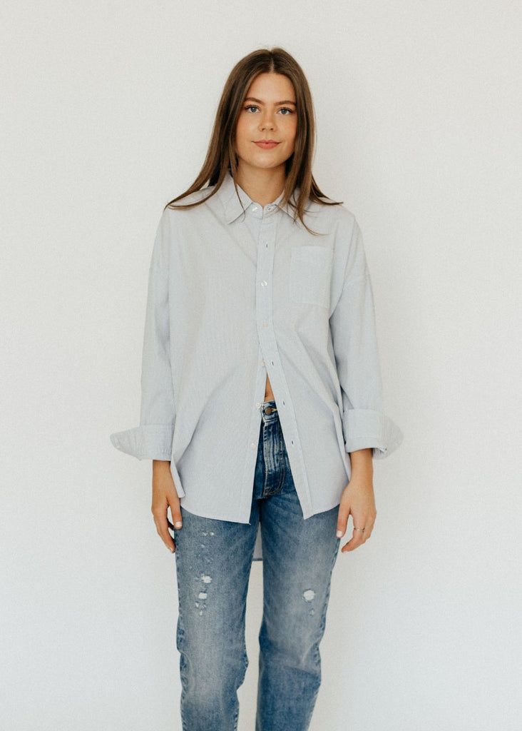 R13 Drop Neck Oxford Shirt in Blu/Whi Stripe | Tula's Online Boutique