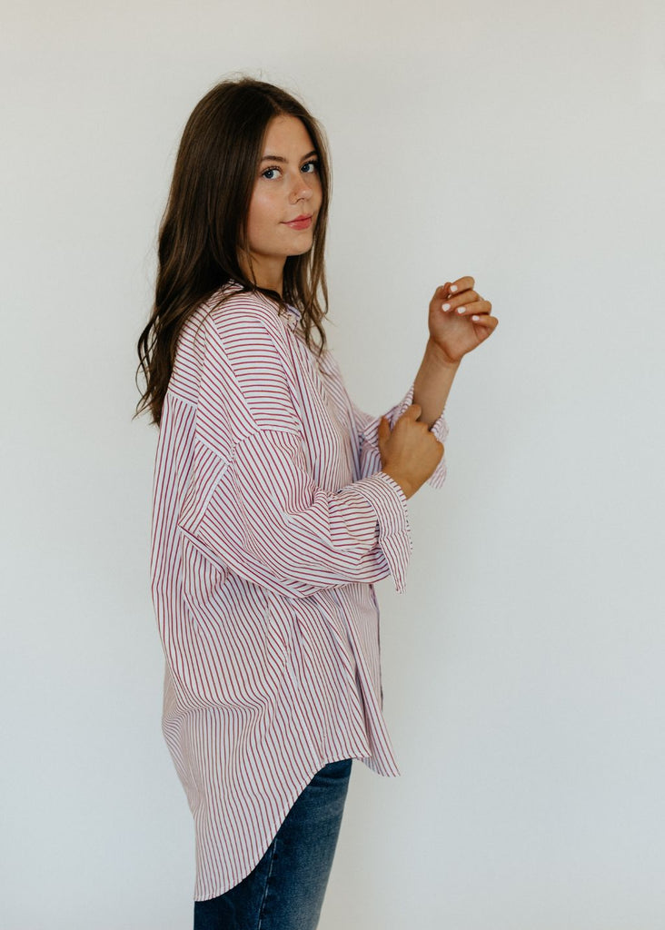 Denimist Button Front Shirt in Red Stripe Side | Tula's Online Boutique