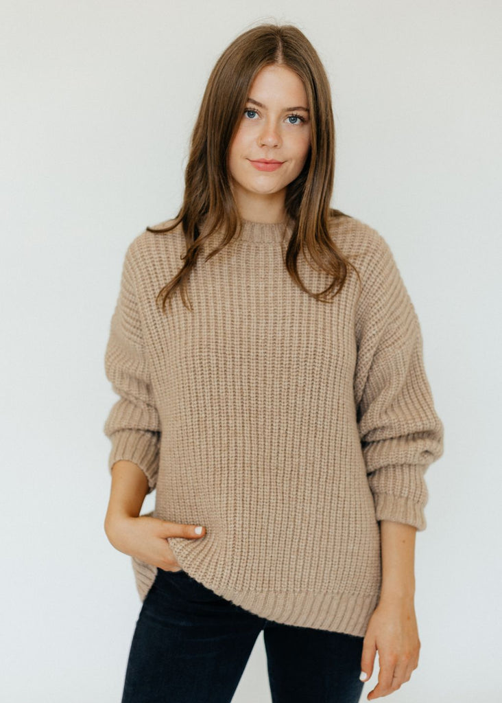 Anine Bing Sydney Crew Sweater in Camel Front | Tula's Online Boutique
