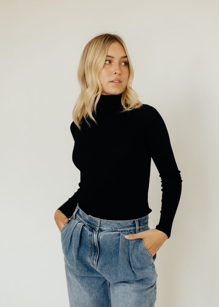 Tibi Ribbed Turtleneck Pullover in Navy | Tula's Online Boutique