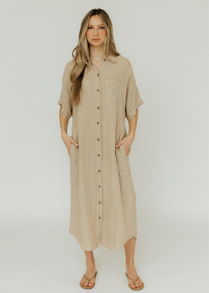 Velvet Sandra Woven Linen Dress in Biscuit | Tula's Online Boutique