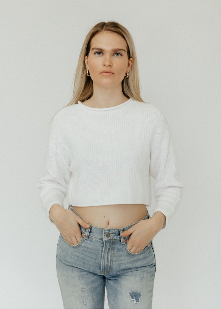 Denimist Cropped Relaxed Sweater in White | Tula's Online Boutique