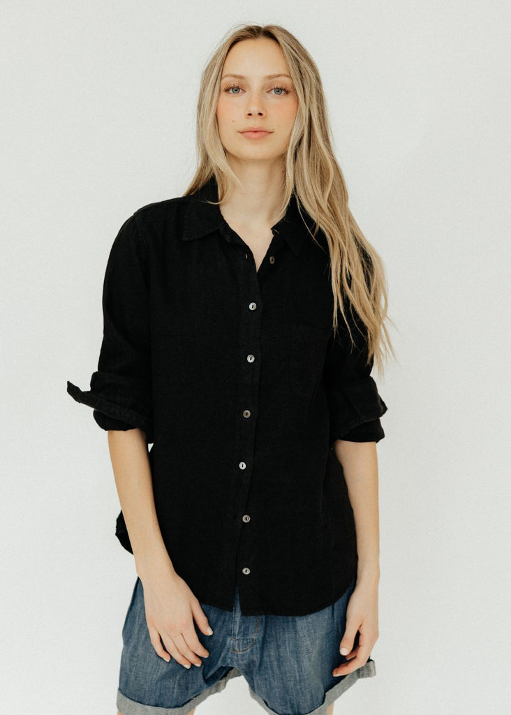Velvet Natalia Woven Linen Button Up in Black | Tula's Online Boutique
