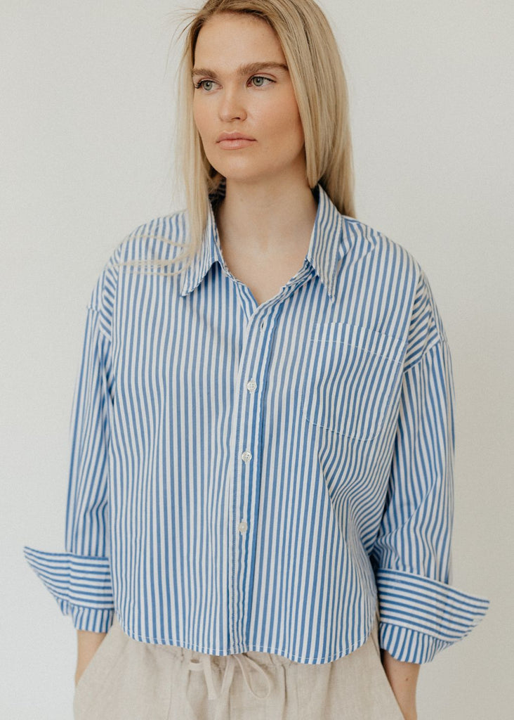 Denimist Cropped Shirt in Med Blue Stripe | Tula's Online Boutique