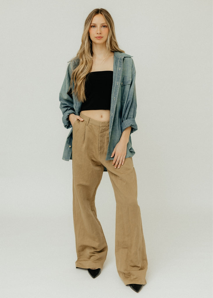 R13 Damon Pleated Trouser in Khaki Front | Tula's Online Boutique