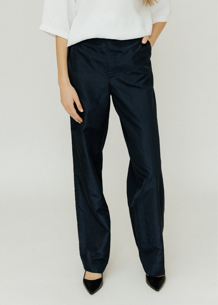 Tibi Silk Nylon Straight Leg Trouser in Navy Front | Tula's Online Boutique