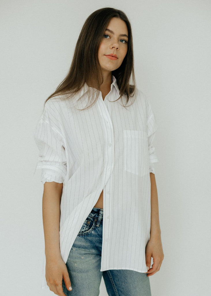 Anine Bing Chrissy Shirt in White and Taupe Stripe Front | Tula's Online Boutique