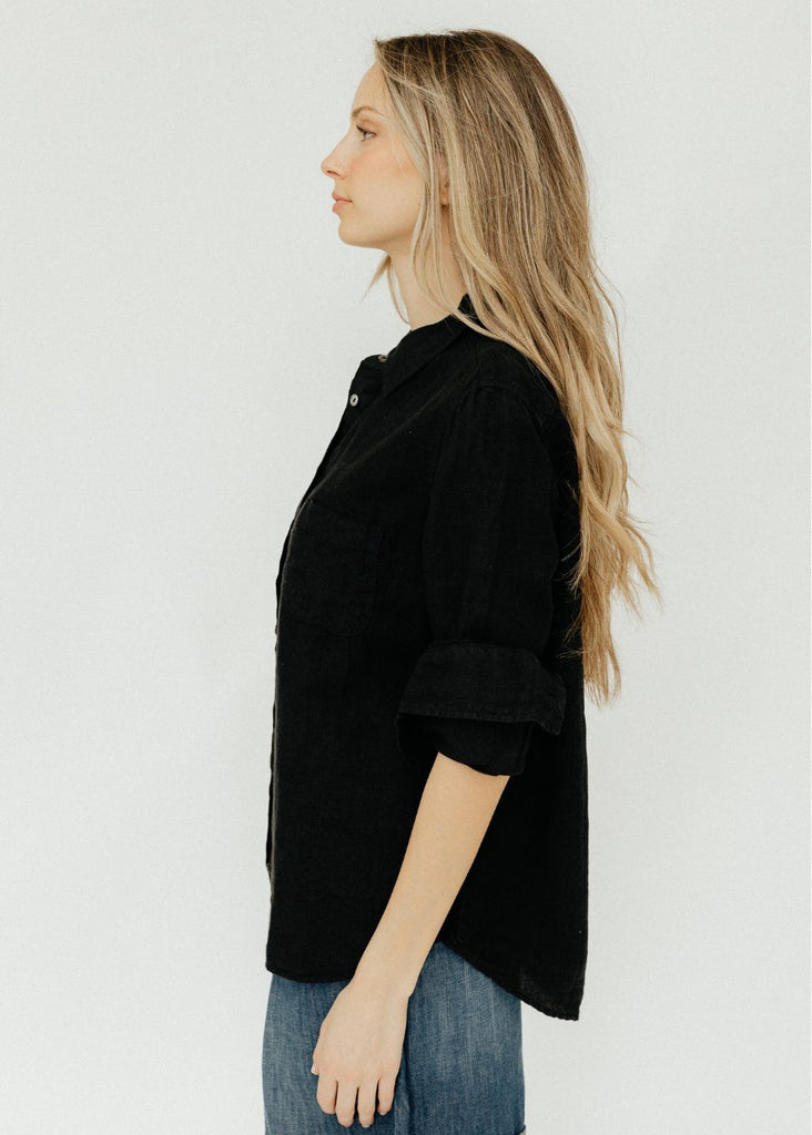Velvet Natalia Woven Linen Button Up in Black Side View| Tula's Online Boutique