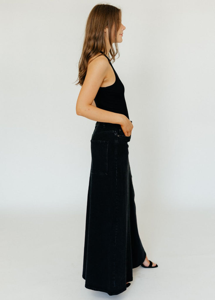 Tibi Black Denim Godet Maxi Skirt Side | Tula's Online Boutique