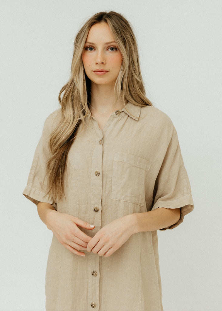 Velvet Sandra Woven Linen Dress in Biscuit Front | Tula's Online Boutique