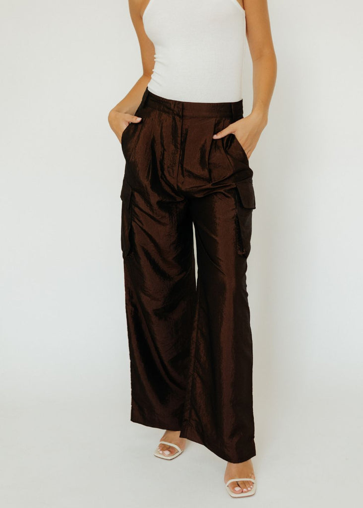 Tibi Crispy Stella Cargo Pants in Dark Brown Front | Tula's Online Boutique
