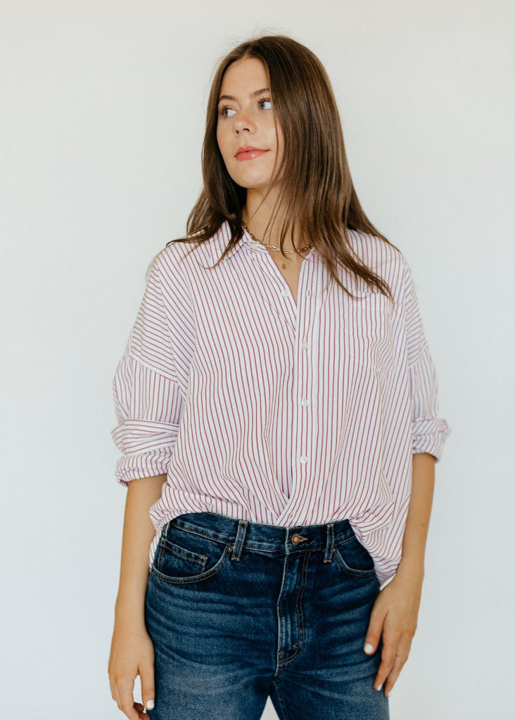 Denimist Button Front Shirt in Red Stripe Details | Tula's Online Boutique