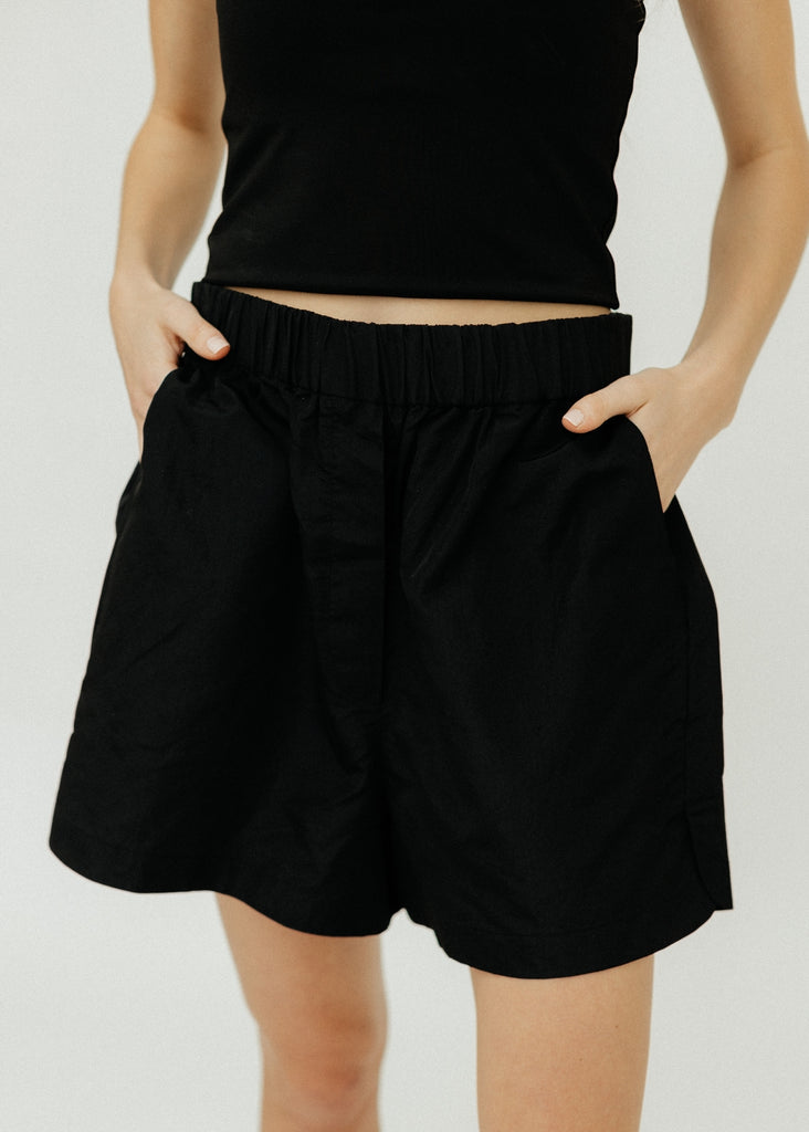 Tibi Silk Nylon Pull On Shorts in Black Front Detail | Tula's Online Boutique