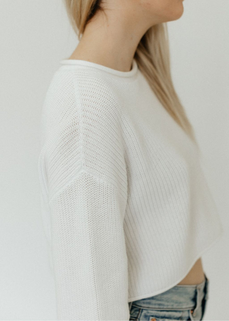 Denimist Cropped Relaxed Sweater in White Details | Tula's Online Boutique