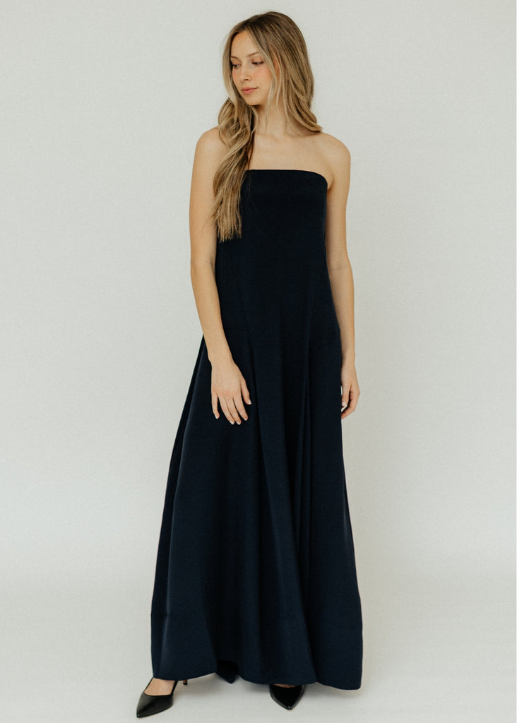Tibi Silk Strapless Sculpted Dress in Dark Navy Front  | Tula's Online Boutique