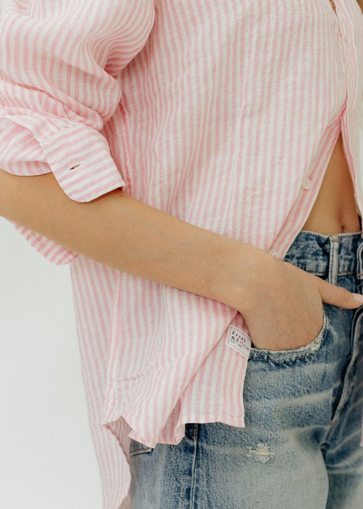 Frank & Eileen "Eileen" Button Up in Pink Stripe Linen Details | Tula's Online Boutique