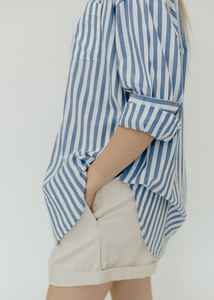 Denimist Button Front Shirt in Wide Blue Stripe Details | Tula's Online Boutique