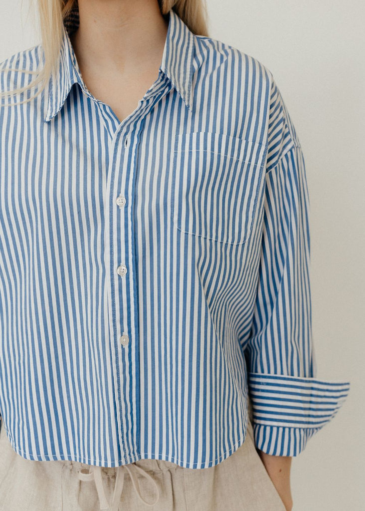 Denimist Cropped Shirt in Med Blue Stripe Front Detail | Tula's Online Boutique