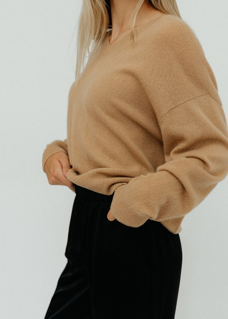 Elizabeth V-Neck Cashmere Sweater in Camel details  | Tula's Online Boutique