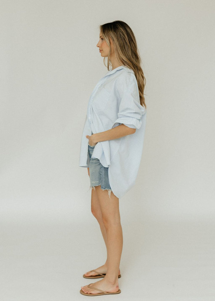 "Shirley" Button Up in Light Blue Stripe | Tula's Online Boutique