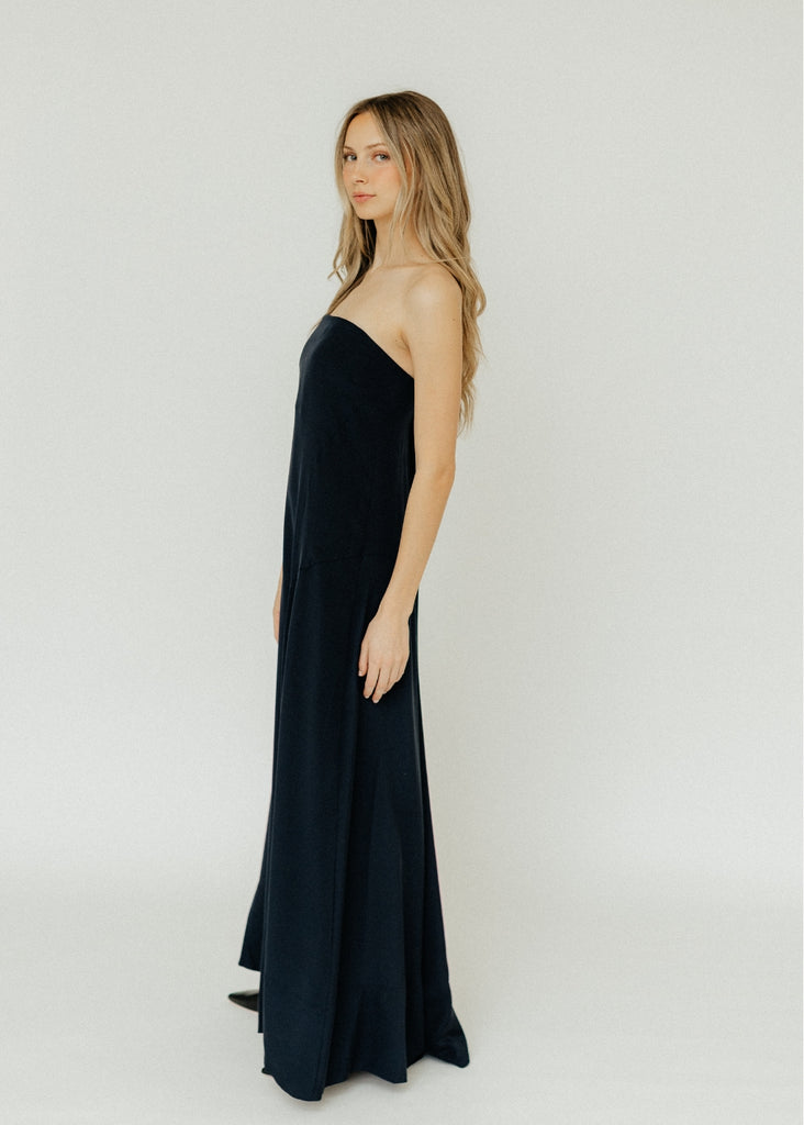 Tibi Silk Strapless Sculpted Dress in Dark Navy Side View | Tula's Online Boutique