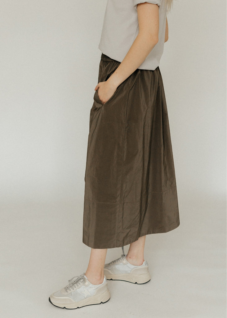 Tibi Nylon Pull on Full Skirt in Dark Taupe Side | Tula's Online Boutique