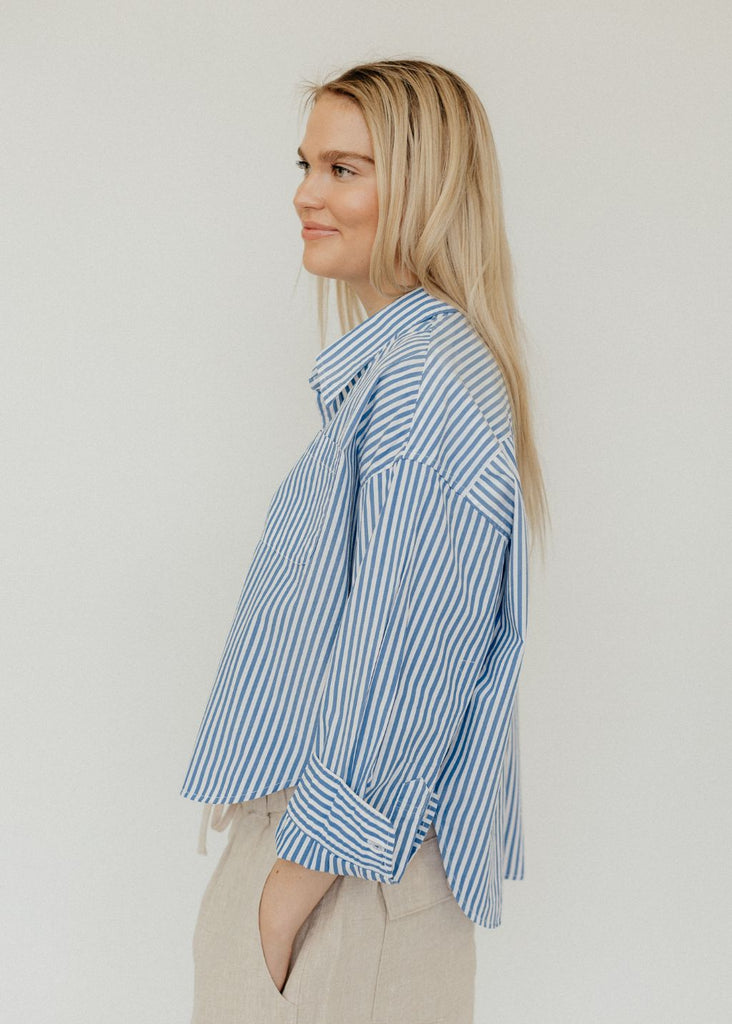 Denimist Cropped Shirt in Blue Stripe | Tula's Online Boutique