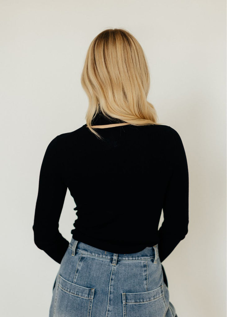 Tibi Ribbed Turtleneck Pullover in Navy Back Detail | Tula's Online Boutique