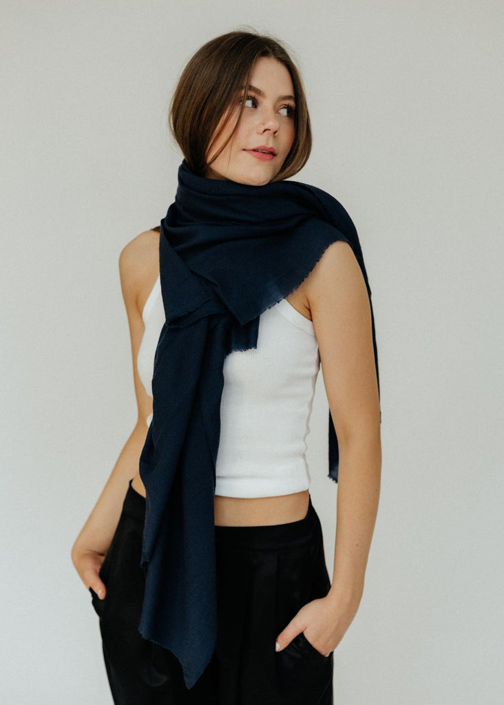 Faliero Sarti Wool Scarf in Navy Detail| Tula's Online Boutique